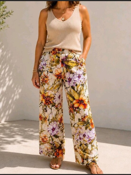 Chico's Pants - Chico's Floral Straight-Leg Pants in Cream with Orange & Purple Accents